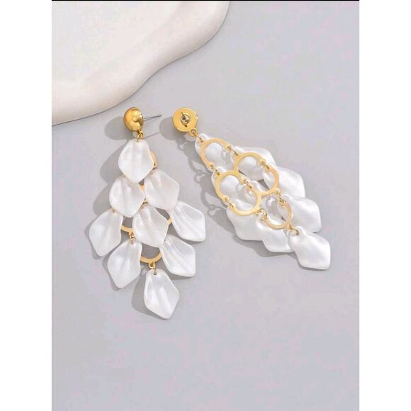 White Geometric Tassel & Leaf Dangle Earrings for Women -Simple & Elegant Design - Picture 5 of 8